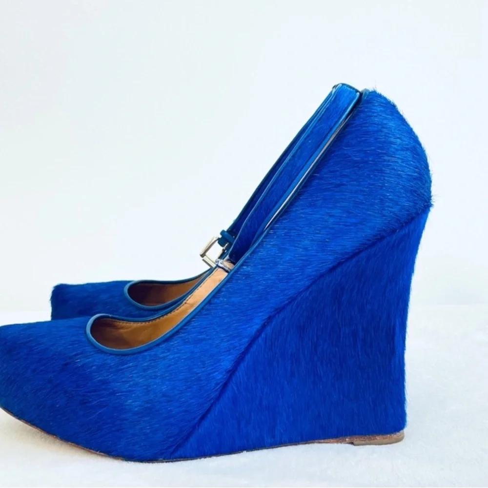 Ann Taylor cobalt blue-platform calf hair wedge heels with ankle buckle strap 7